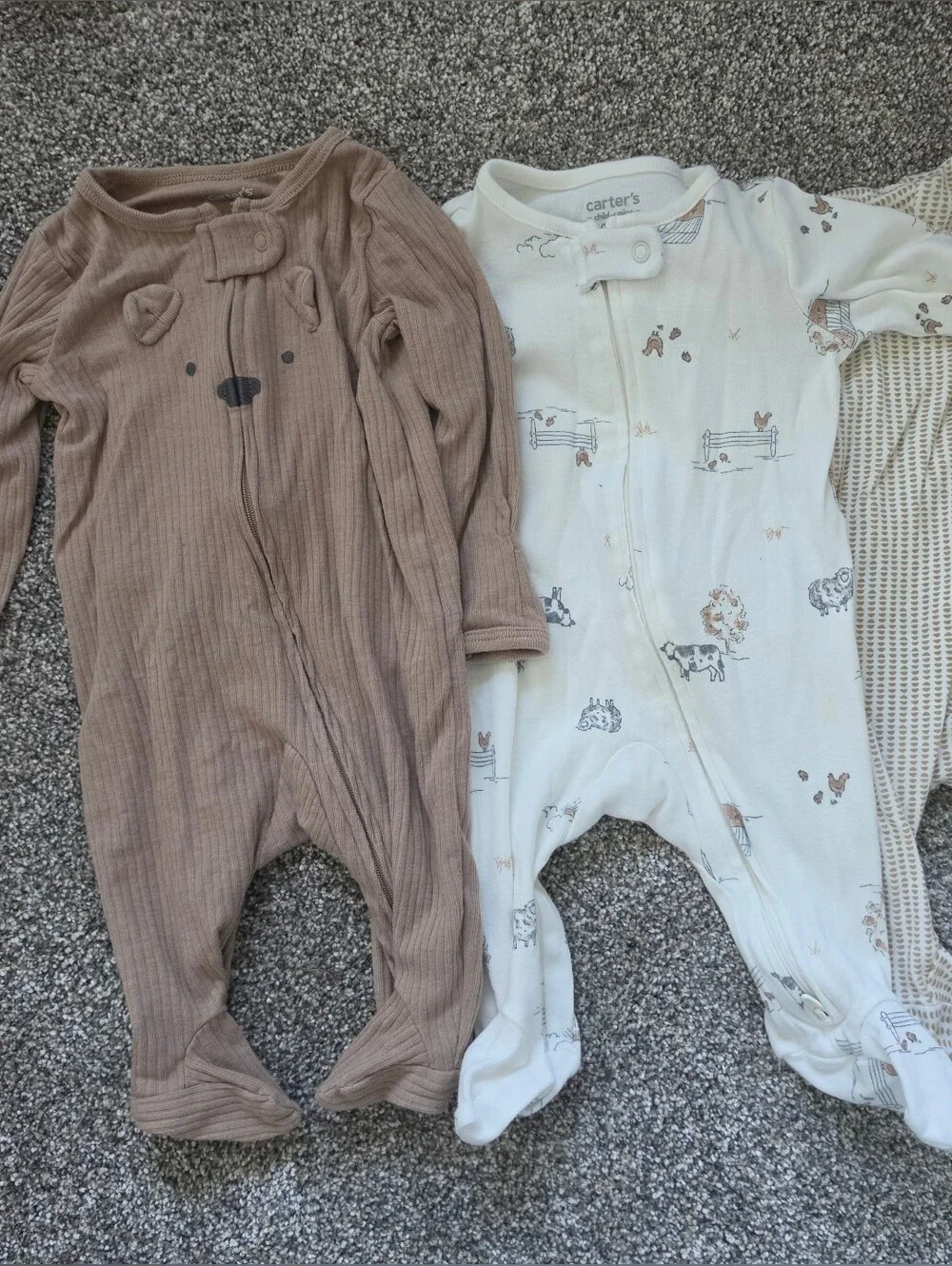 Carter's Brown Ribbed Bear & Cream Animal Print Footed One-Pieces (3 Pack)